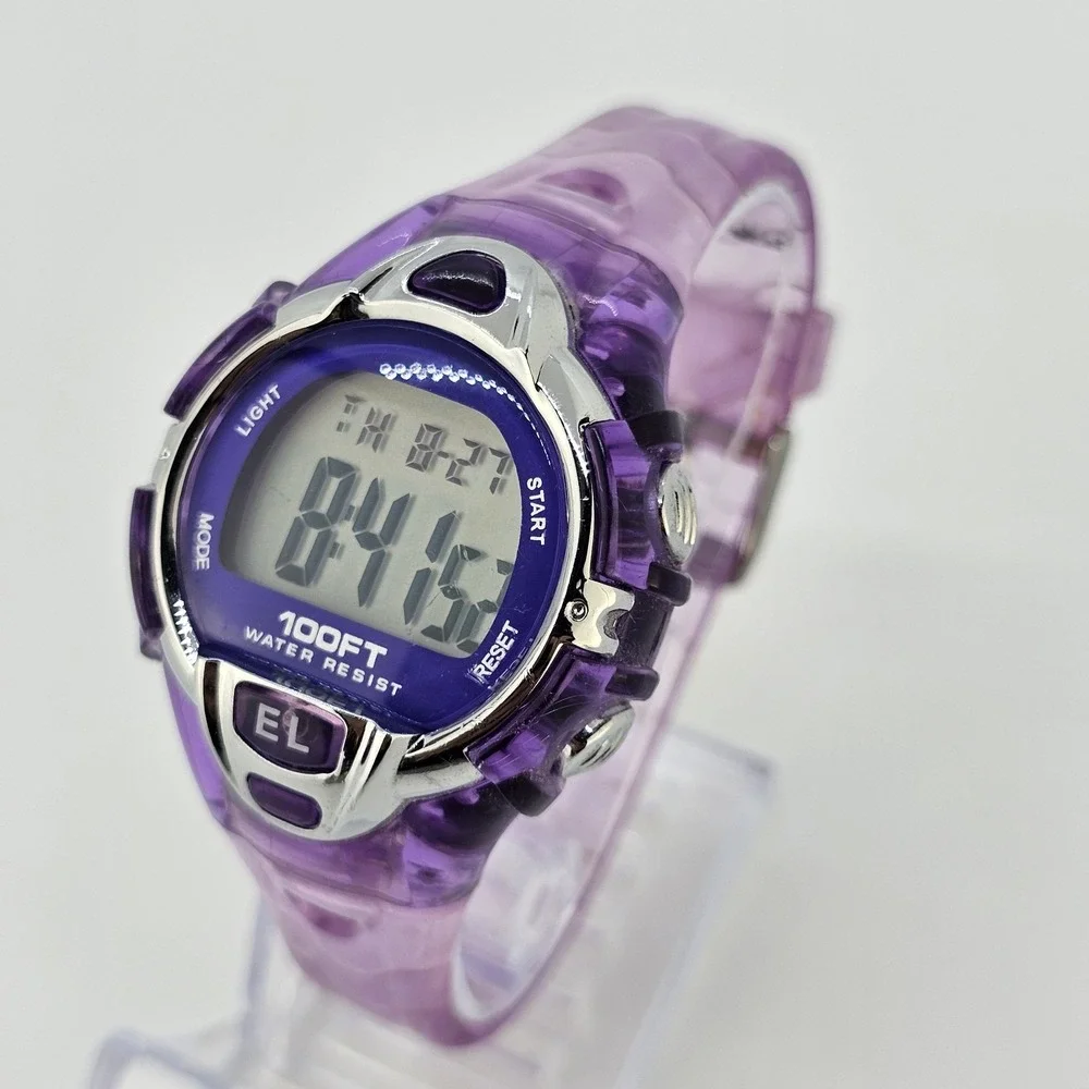 Women's Sports Digital Watch 36MM Pink Purple Plastic Case Bands NEW Battery